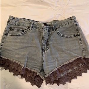 Free People Gray Lace Denim Shorts